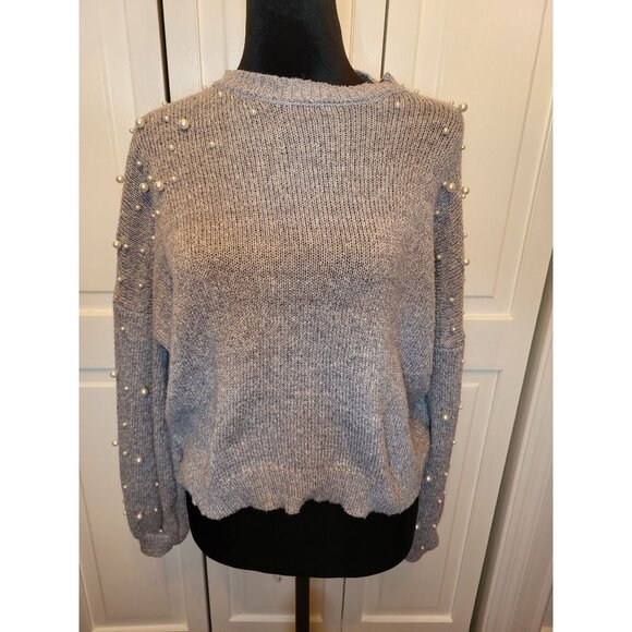 belle Sweaters - Gray Cropped Sweater Pearl Accent Belle L Feminine Dainty Embellished Fairy